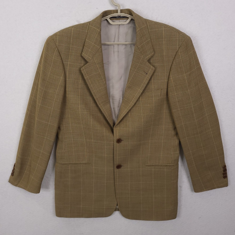 Hugo Boss Blazer Mens 40R Tan Windowpane Plaid Two Button Sport Coat Made in USA